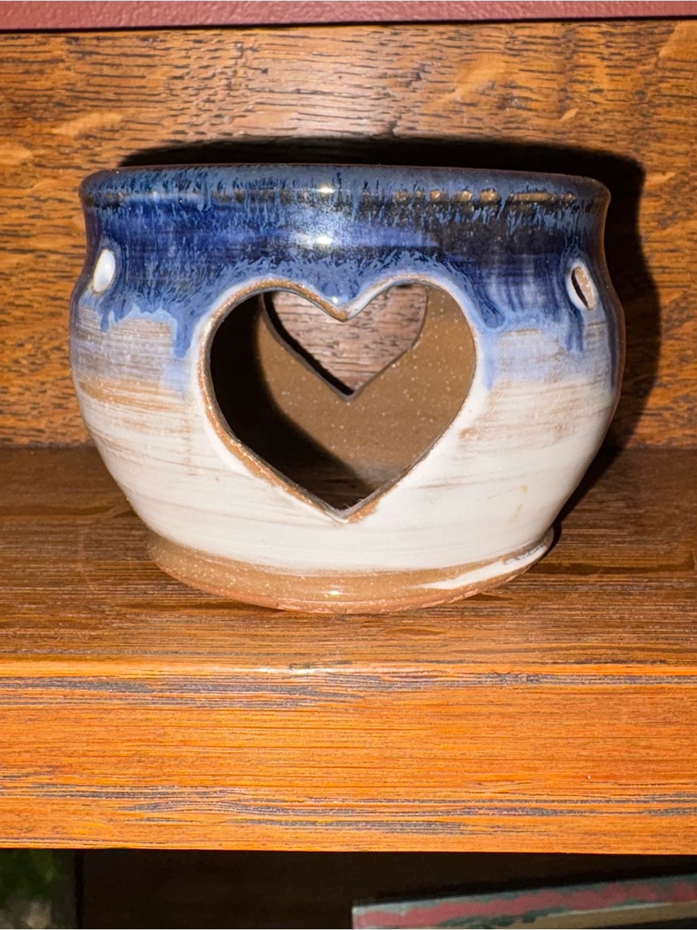 Vintage J Palmer Pottery Heart Luminary Candle Holder Hamburg NY Signed Blue